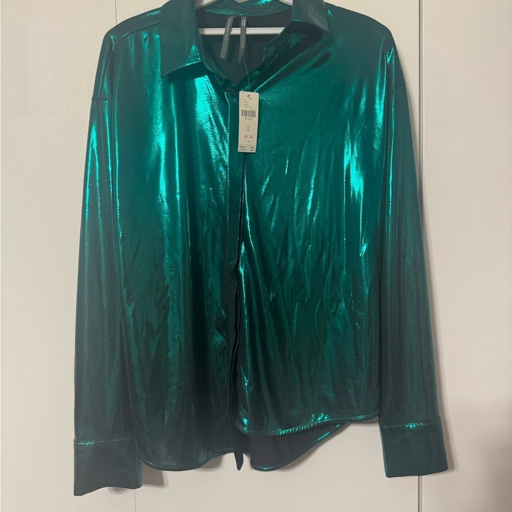 NWT Anthropologie Shiny Green Blouse, Medium